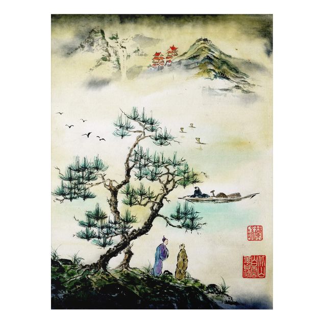 Tavlor träd Japanese Watercolour Drawing Pine And Mountain Village