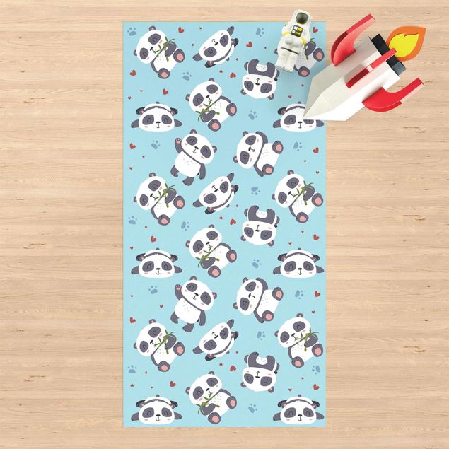 stor utomhusmatta Cute Panda With Paw Prints And Hearts Pastel Blue