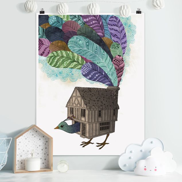 Posters konstutskrifter Illustration Birdhouse With Feathers