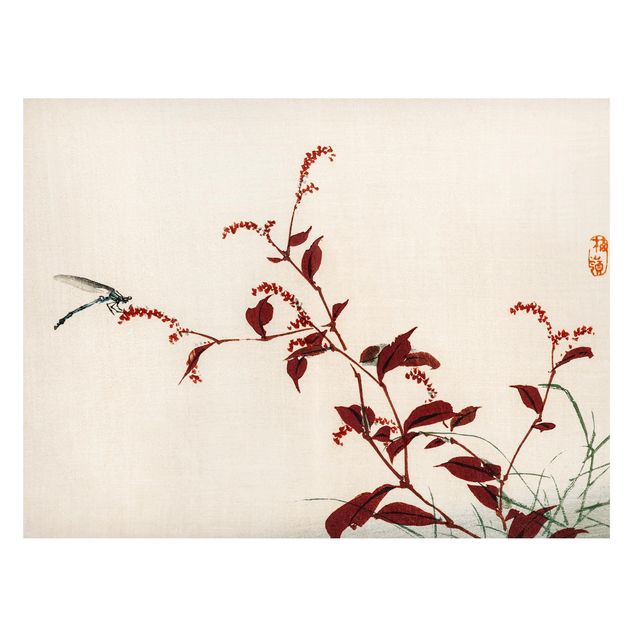 Magnettavla blommor  Asian Vintage Drawing Red Branch With Dragonfly