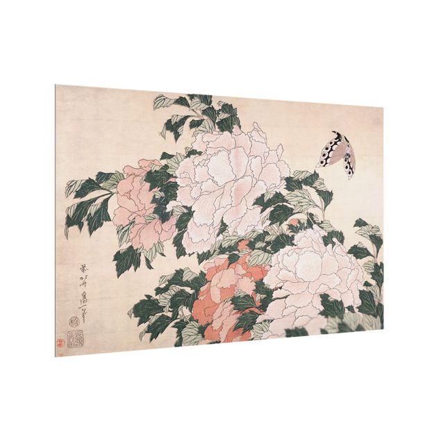 Konststilar Katsushika Hokusai - Pink Peonies With Butterfly