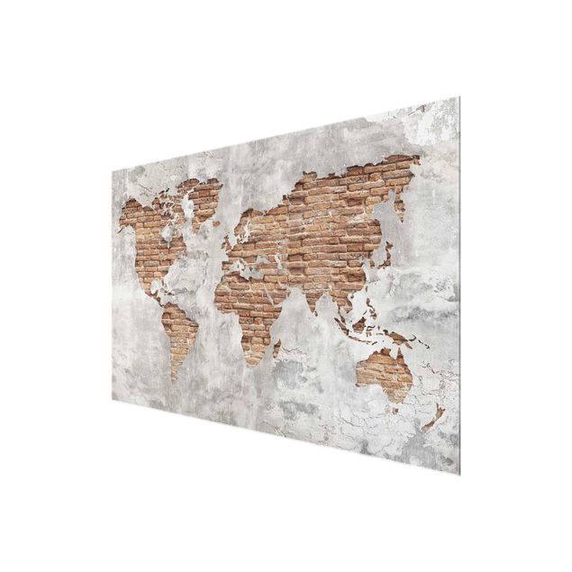 Glas Magnettavla Shabby Concrete Brick World Map