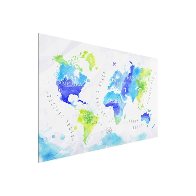 Glastavlor världskartor World Map Watercolour Blue Green