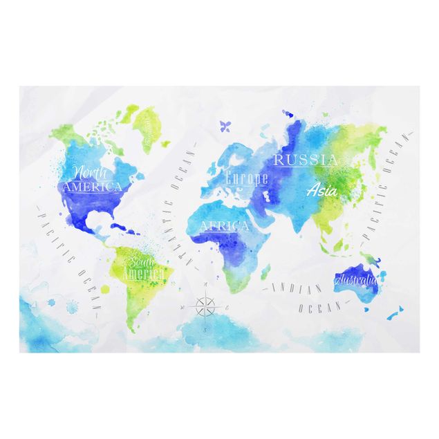Tavlor blå World Map Watercolour Blue Green