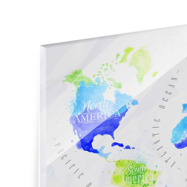Glas Magnetboard World Map Watercolour Blue Green