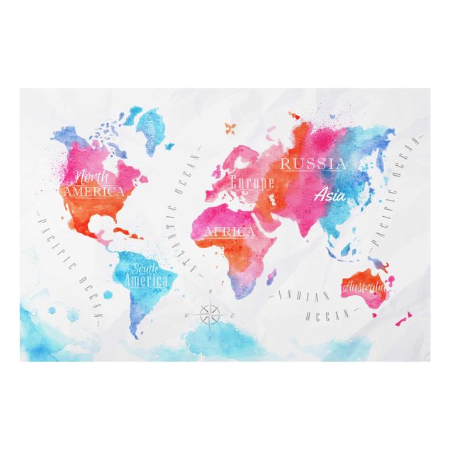 Tavlor blå World Map Watercolour Red Blue