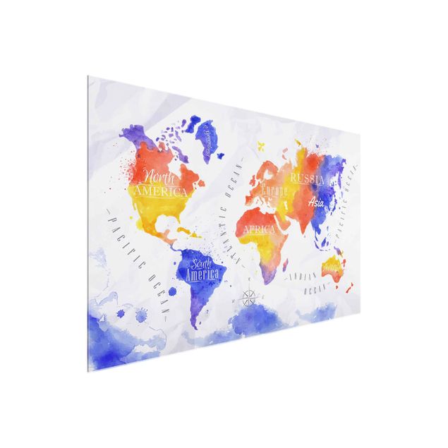 Glastavlor världskartor World Map Watercolour Purple Red Yellow