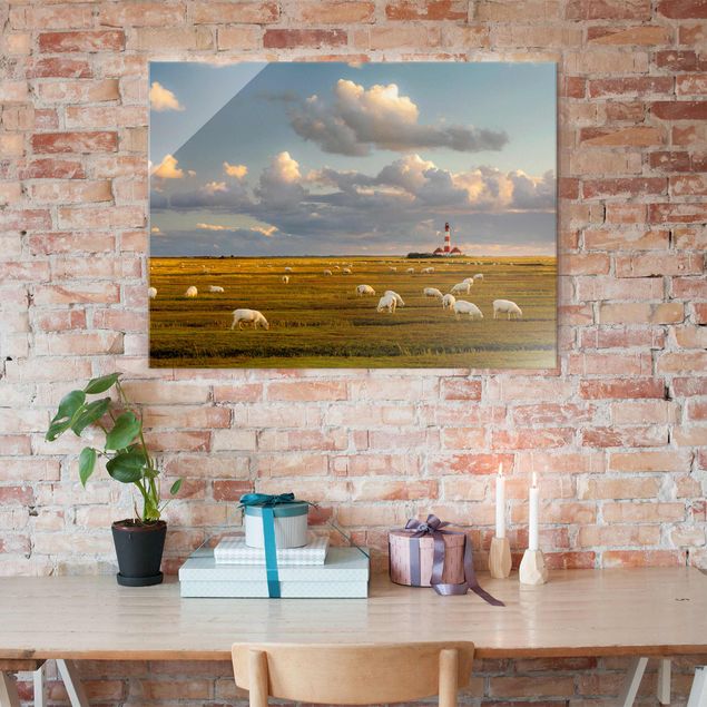 Tavlor landskap North Sea Lighthouse With Flock Of Sheep