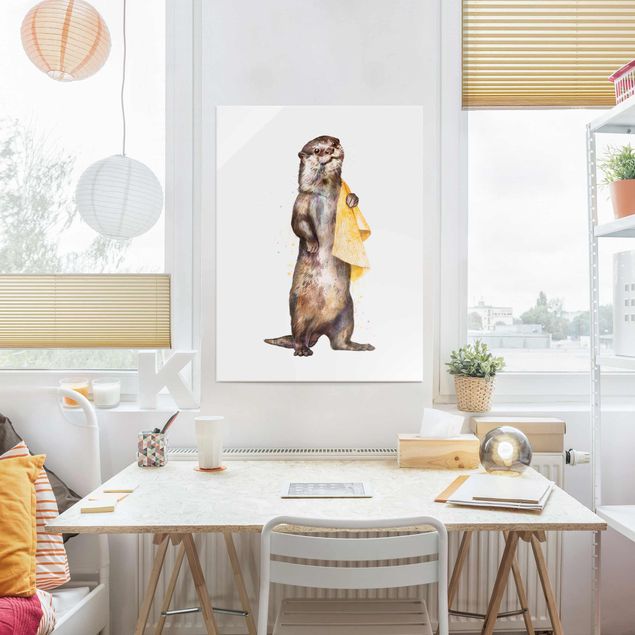 Glastavlor djur Illustration Otter With Towel Painting White