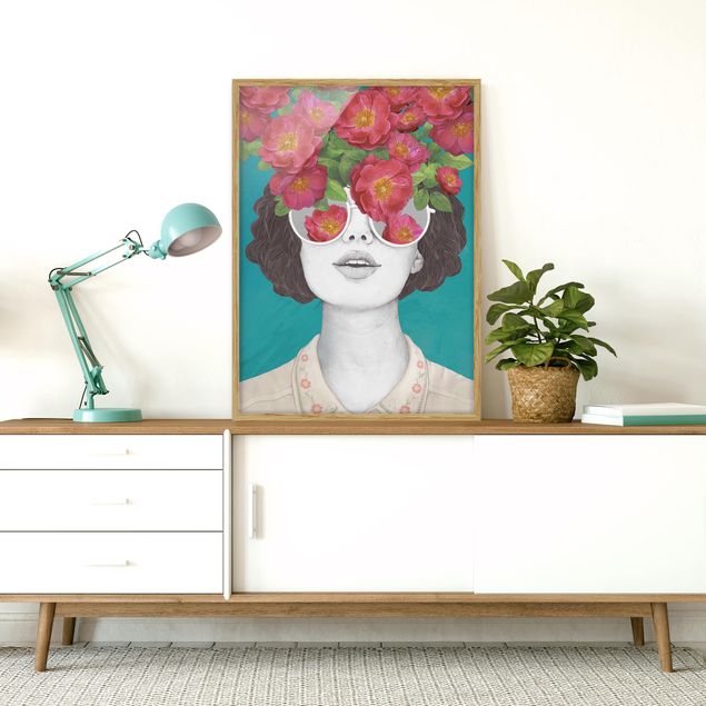 Tavlor konstutskrifter Illustration Portrait Woman Collage With Flowers Glasses