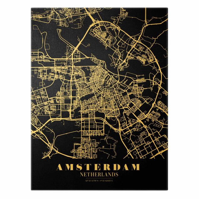 Canvastavlor Amsterdam City Map - Classic Black