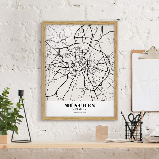 Tavlor med ram svart och vitt Munich City Map - Classic