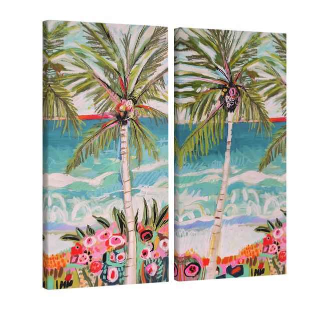 Tavlor natur Palm Tree With Pink Flowers Set I