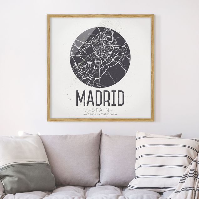 Tavlor med ram svart och vitt Madrid City Map - Retro