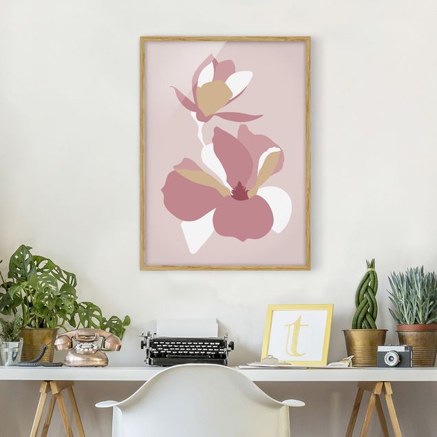 Tavlor med ram konstutskrifter Line Art Flowers Pastel Pink