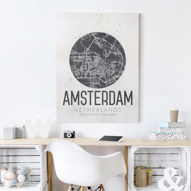 Canvastavlor svart och vitt Amsterdam City Map - Retro