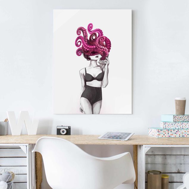 Tavlor fisk Illustration Woman In Underwear Black And White Octopus