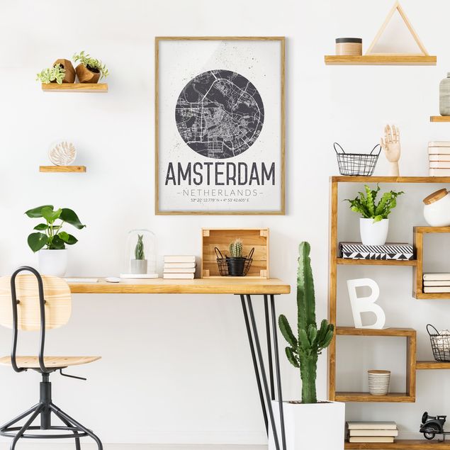 Tavlor med ram världskartor Amsterdam City Map - Retro