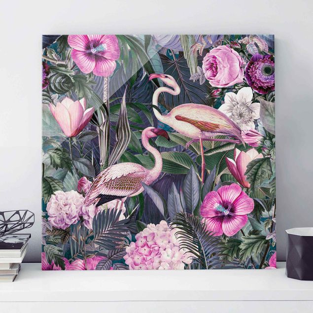 Glastavlor rosor Colourful Collage - Pink Flamingos In The Jungle