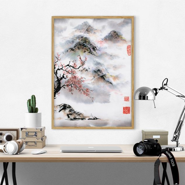 Kök dekoration Japanese Watercolour Drawing Cherry Tree And Mountains