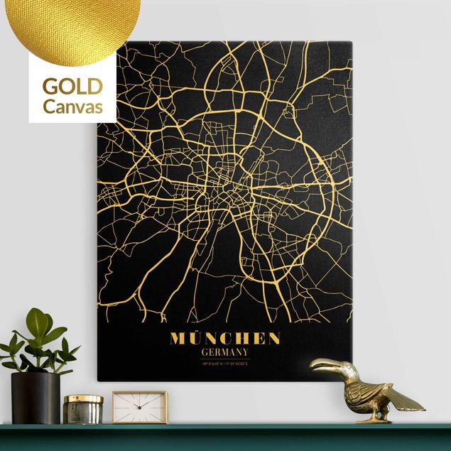 Canvastavlor München Munich City Map - Classic Black