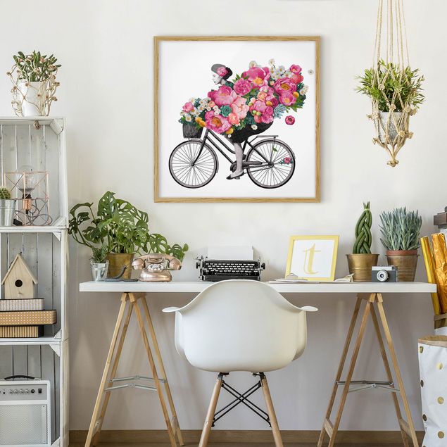 Tavlor med ram blommor  Illustration Woman On Bicycle Collage Colourful Flowers