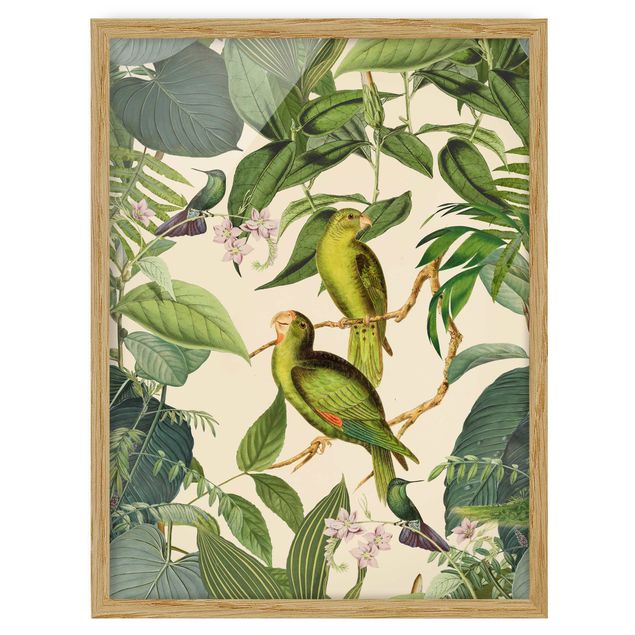 Tavlor blommor Vintage Collage - Parrots In The Jungle