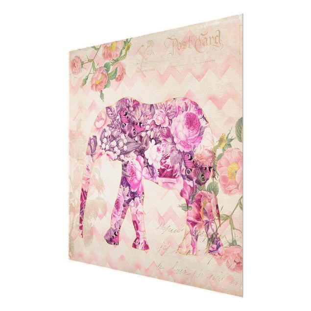 Tavlor blommor Vintage Collage - Pink Flowers Elephant
