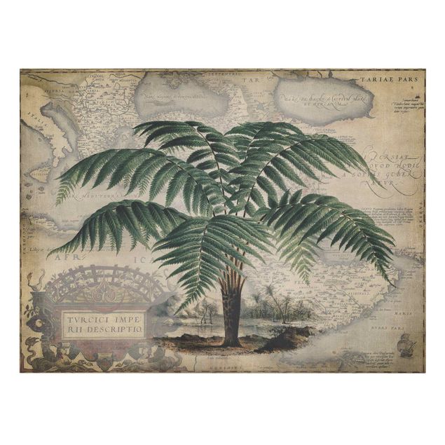 Tavlor blommor  Vintage Collage - Palm And World Map