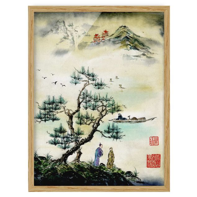Tavlor landskap Japanese Watercolour Drawing Pine And Mountain Village