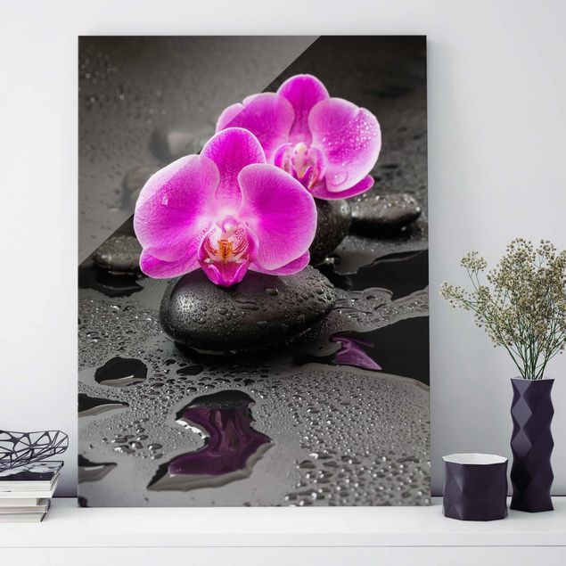 Glastavlor orkidéer Pink Orchid Flower On Stones With Drops