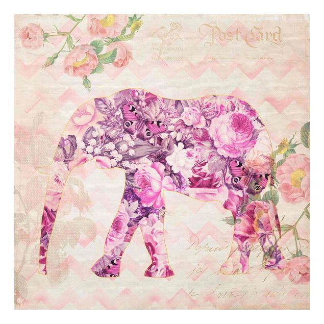 Glastavlor blommor  Vintage Collage - Pink Flowers Elephant