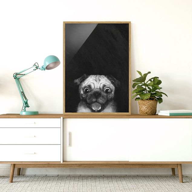 Tavlor med ram svart och vitt Illustration Dog Pug Painting On Black And White
