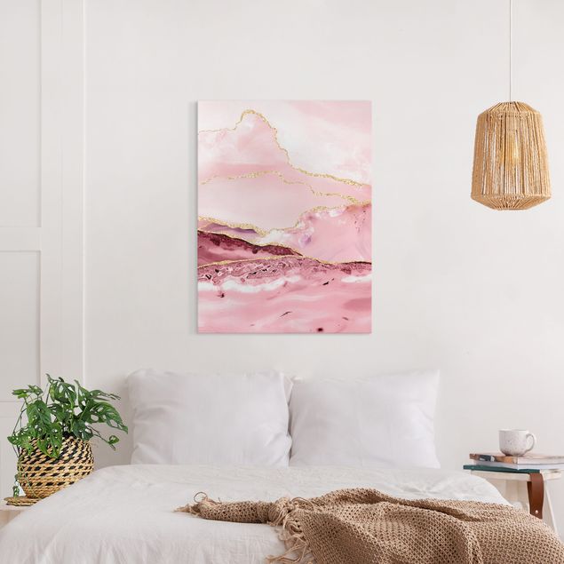 Canvastavlor sten utseende Abstract Mountains Pink With Golden Lines