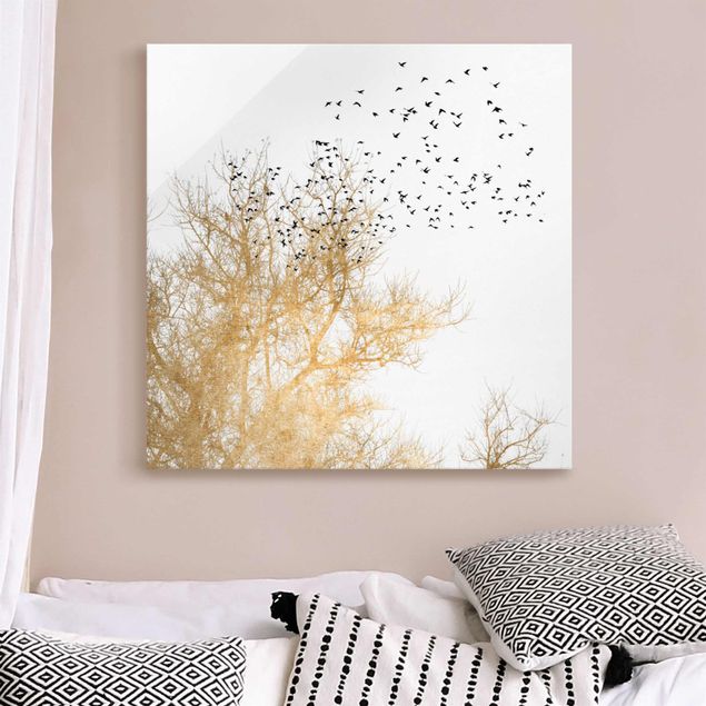 Kök dekoration Flock Of Birds In Front Of Golden Tree