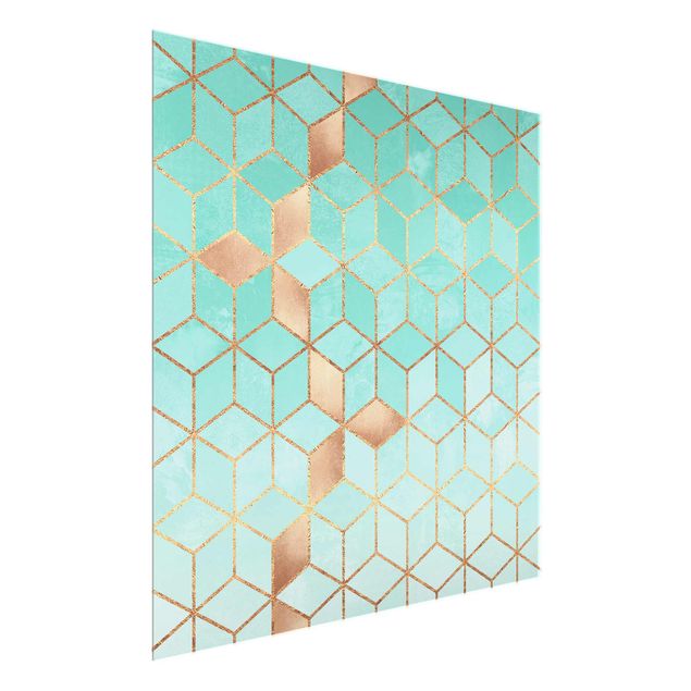 Glastavlor abstrakt Turquoise White Golden Geometry