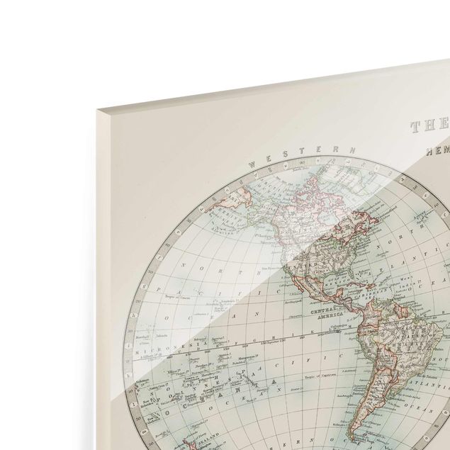 Glasbild - Vintage Weltkarte Die zwei Hemispheren - Querformat 2:3