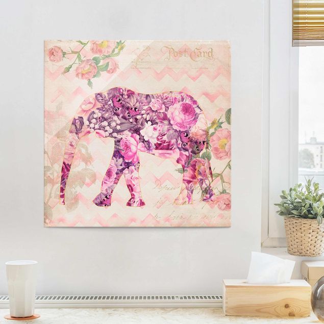 Glastavlor rosor Vintage Collage - Pink Flowers Elephant