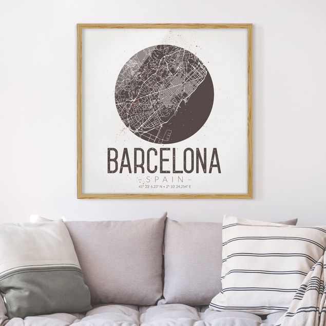Tavlor med ram svart och vitt Barcelona City Map - Retro