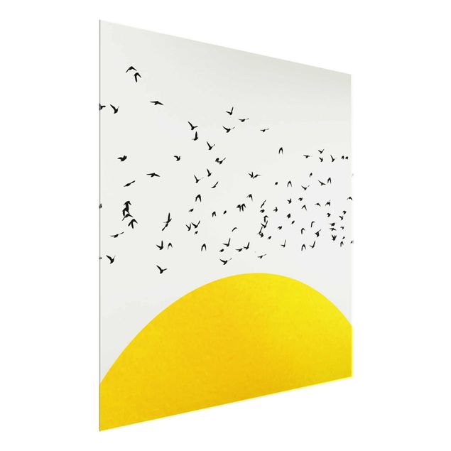 Glastavlor landskap Flock Of Birds In Front Of Yellow Sun