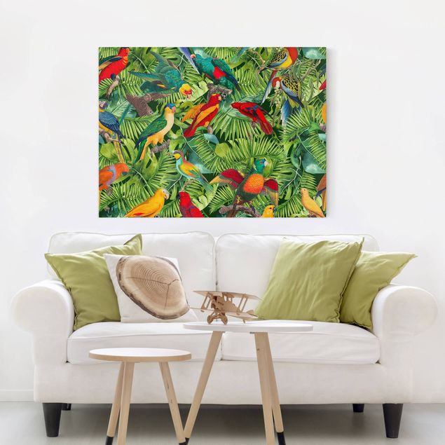 Canvastavlor fåglar Colourful Collage - Parrots In The Jungle