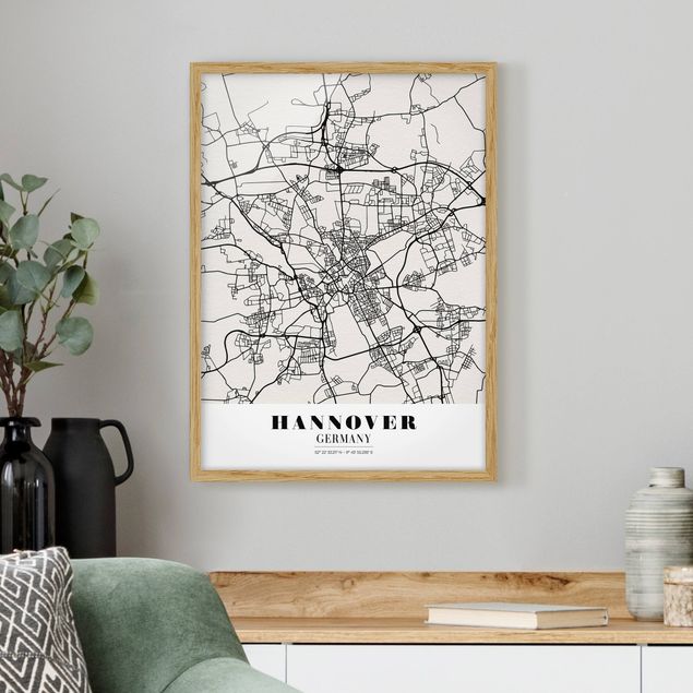 Tavlor med ram svart och vitt Hannover City Map - Classic