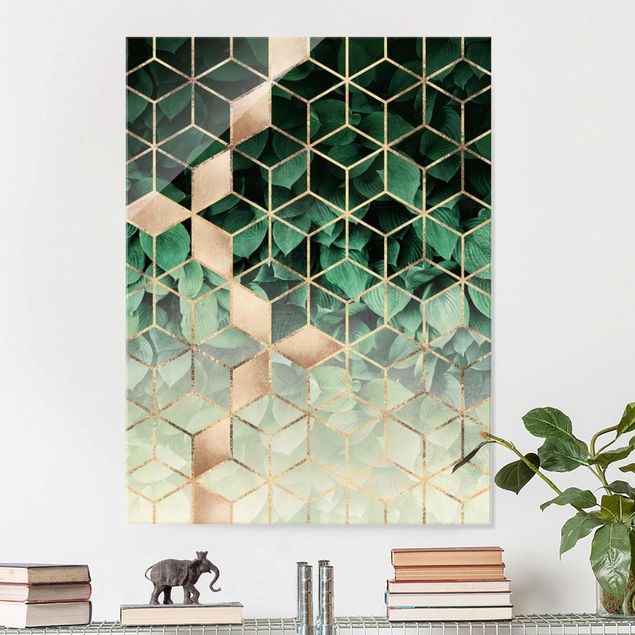Glas Magnetboard Green Leaves Golden Geometry