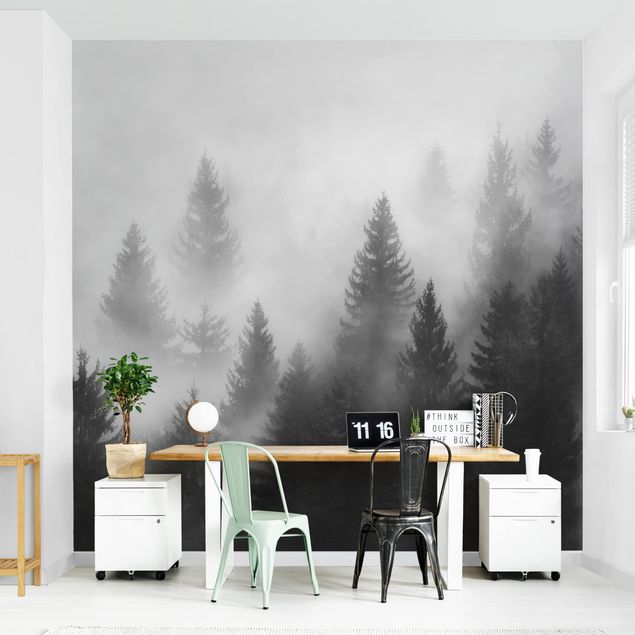 Kök dekoration Coniferous Forest In The Fog Black And White