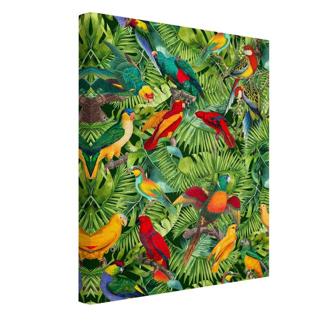 Canvastavlor blommor  Colourful Collage - Parrots In The Jungle