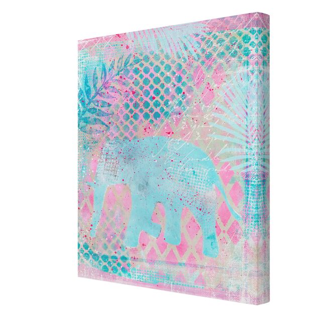 Tavlor blommor Colourful Collage - Elephant In Blue And Pink