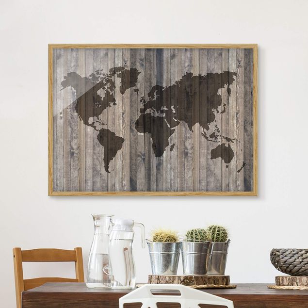 Tavlor med ram världskartor Wood World Map