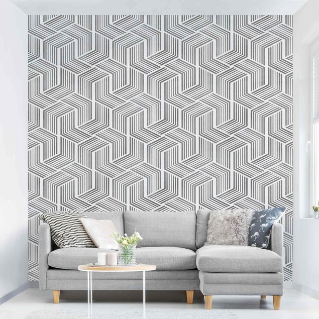 Tapeter geometrisk 3D Pattern With Stripes In Silver