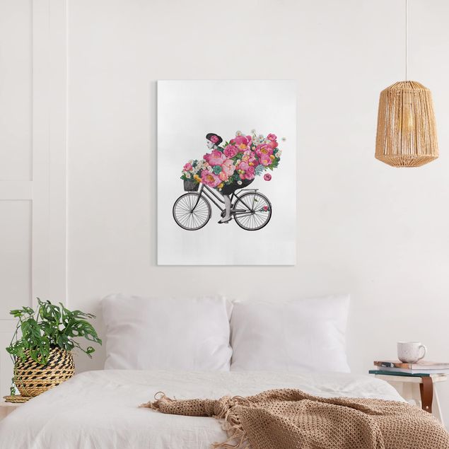 Canvastavlor blommor  Illustration Woman On Bicycle Collage Colourful Flowers