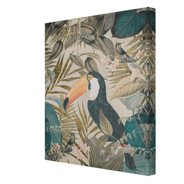 Tavlor blommor  Vintage Collage - Toucan In The Jungle